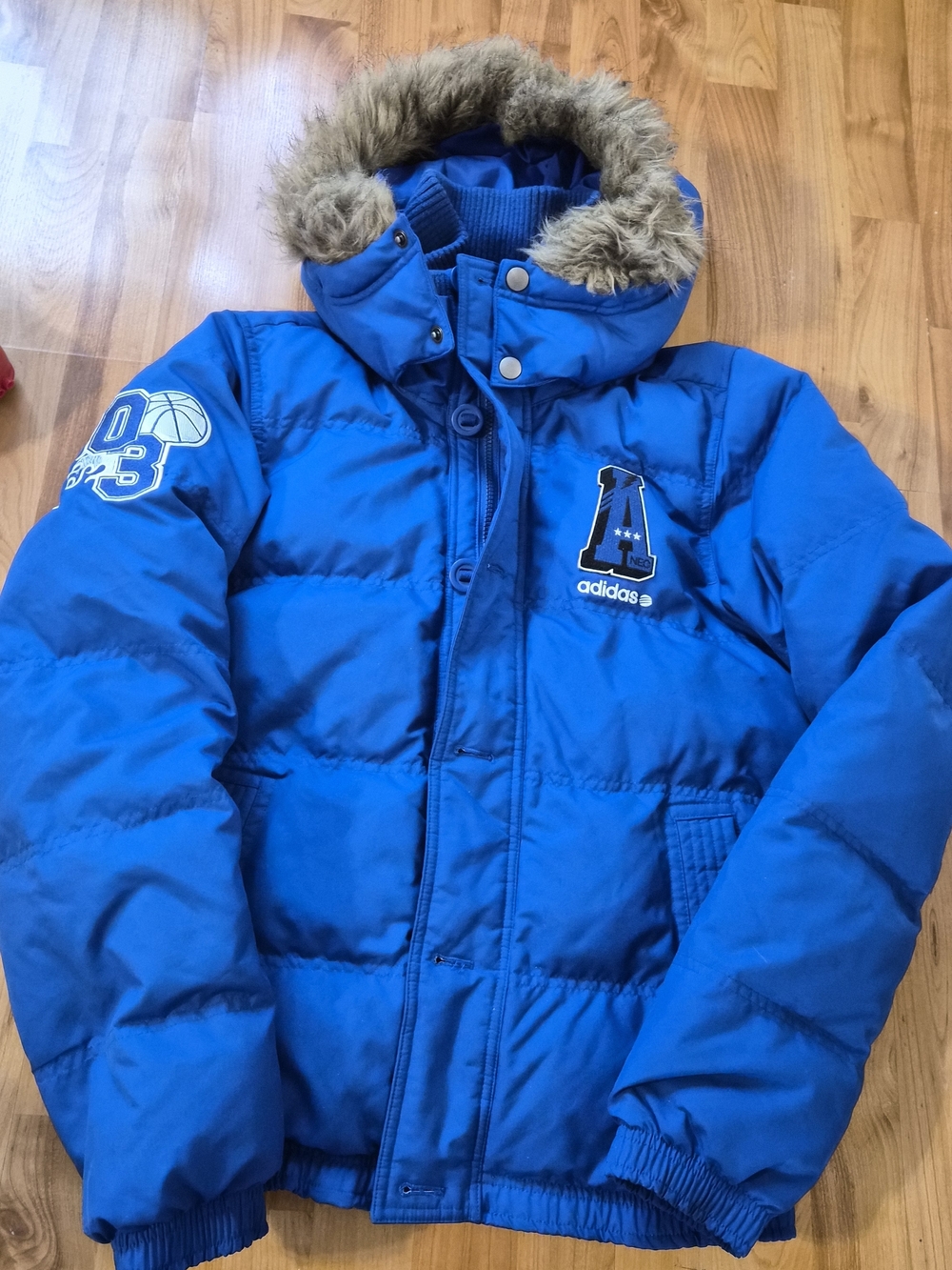 Adidas Kids Blue Puffer Coat with Faux Fur Hood